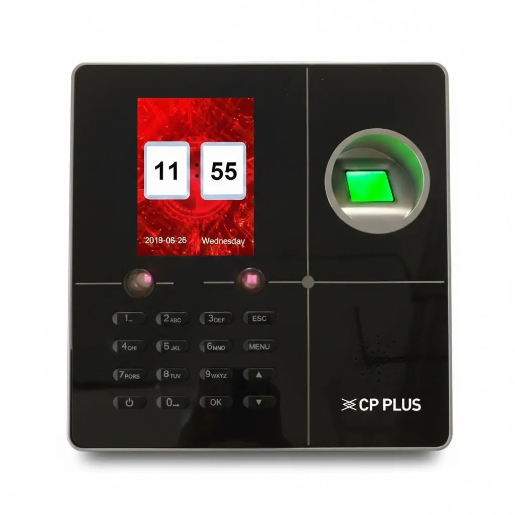 Technician installing CP Plus biometric attendance terminal in Gotri